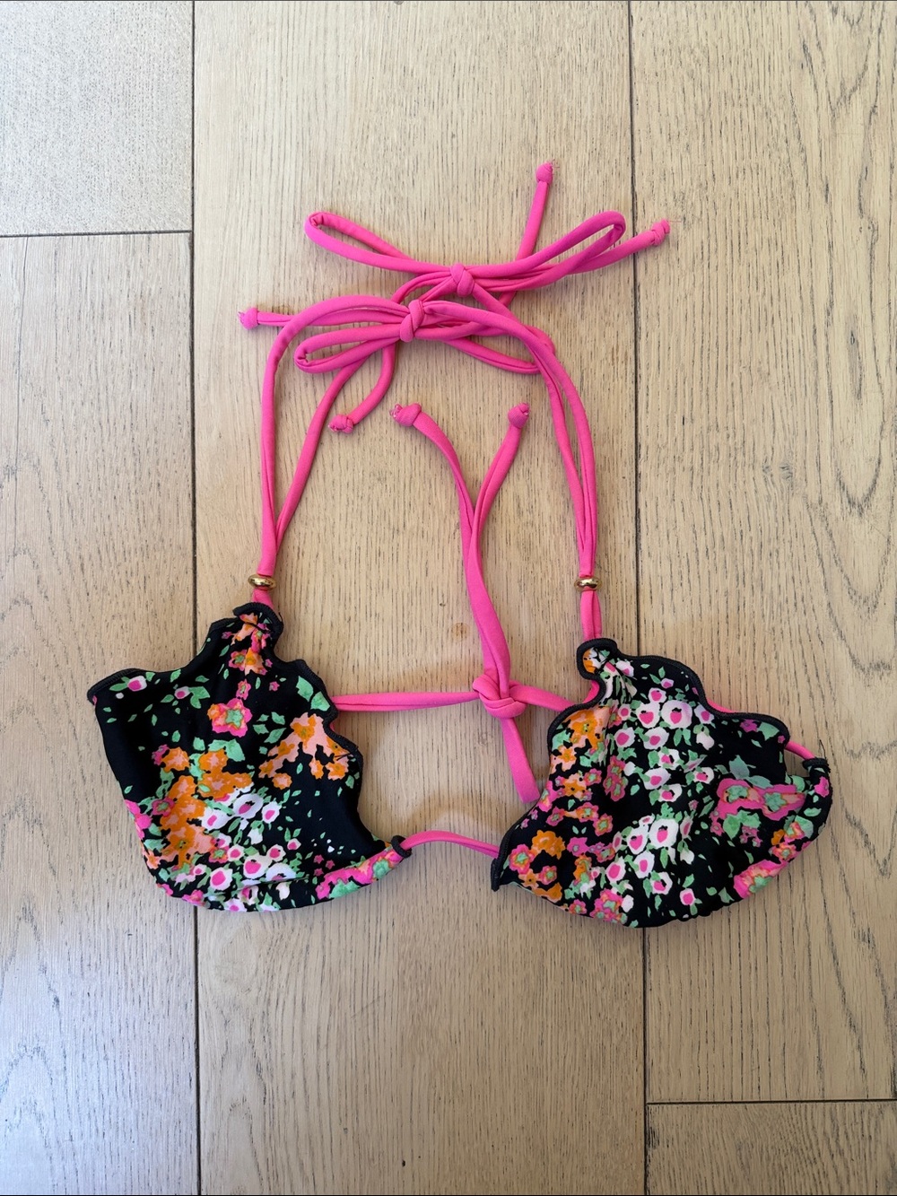 SOFIA by ViX Black Floral Bikini Top with Pink Straps Small